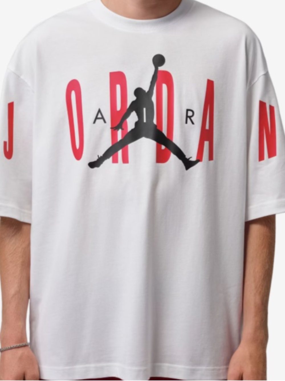 Jordan White Short Sleeve Tee with Red Lettering and Black Jumpman